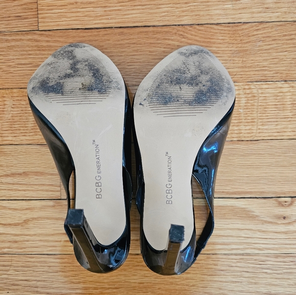 BCBGeneration Black Patent Leather Slingback Peep Toe Heels - Picture 8 of 8